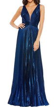 Load image into Gallery viewer, NWT Blue Metallic Pleated V-Neck Maxi