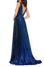 Load image into Gallery viewer, NWT Blue Metallic Pleated V-Neck Maxi