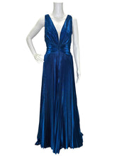 Load image into Gallery viewer, NWT Blue Metallic Pleated V-Neck Maxi