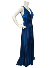 Load image into Gallery viewer, NWT Blue Metallic Pleated V-Neck Maxi