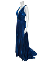 Load image into Gallery viewer, NWT Blue Metallic Pleated V-Neck Maxi