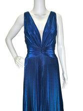 Load image into Gallery viewer, NWT Blue Metallic Pleated V-Neck Maxi