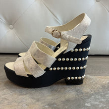 Load image into Gallery viewer, Crumpled Calfskin Grosgrain Pearl Wedge Sandals