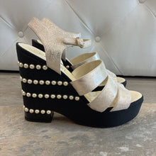 Load image into Gallery viewer, Crumpled Calfskin Grosgrain Pearl Wedge Sandals