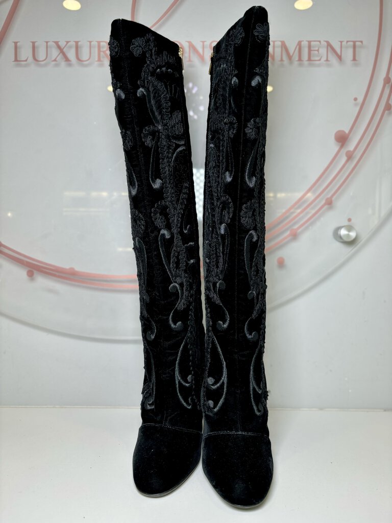 Cord Embroidered Velvet Knee Boot