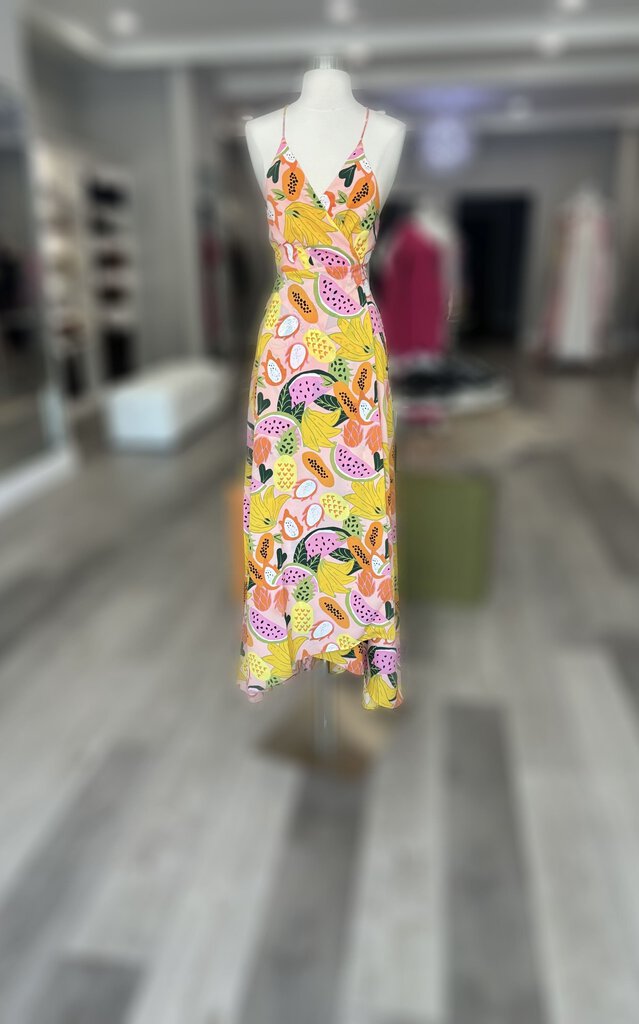 Yellow Fruit Print Hi-Low Maxi Wrap Dress