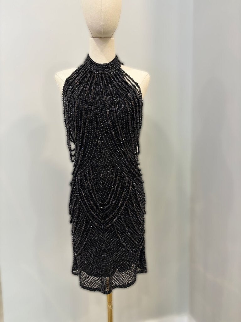 Beaded Mini Dress With Choker Neckline and Open Back