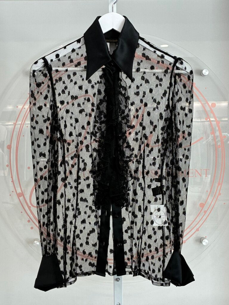 Lace Polka Dot Ruffled Button Top