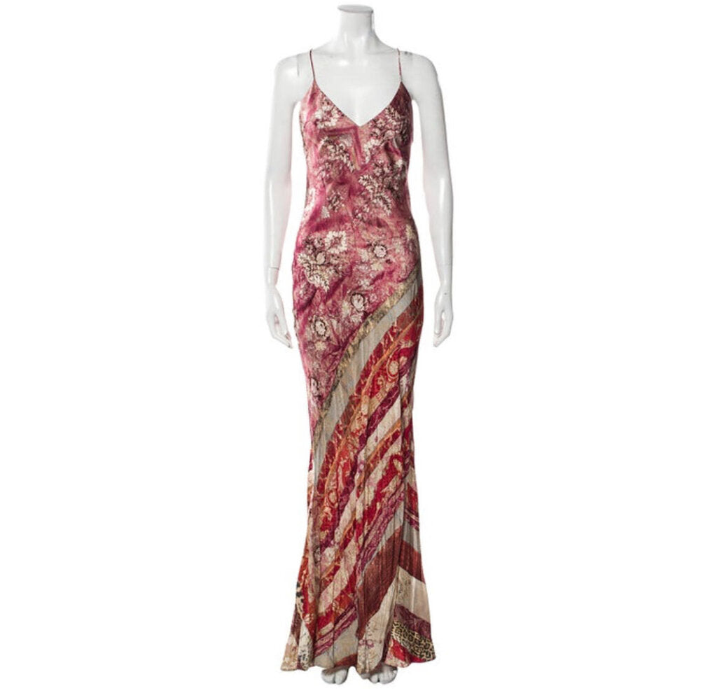 2000S Floral and Striped Silk Slip Gown