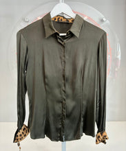 Load image into Gallery viewer, 2005 Olive Green and Leopard Silk Button Top
