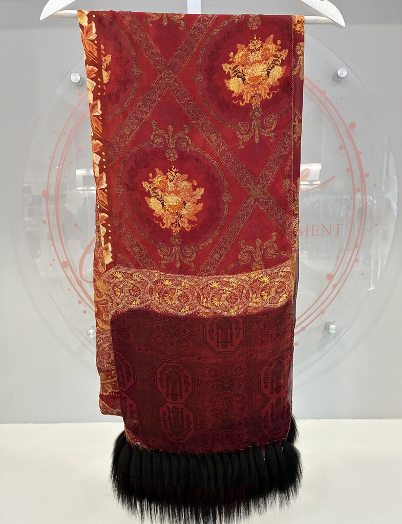Floral and Paisley Silk and Fox Fur Scarf