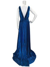 Load image into Gallery viewer, NWT Blue Metallic Pleated V-Neck Maxi
