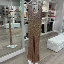 Load image into Gallery viewer, NWT Gold Sequined Sleeveless V Neck Side Slit Gown

