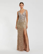 Load image into Gallery viewer, NWT Gold Sequined Sleeveless V Neck Side Slit Gown
