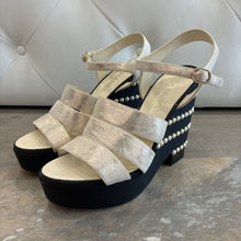 Load image into Gallery viewer, Crumpled Calfskin Grosgrain Pearl Wedge Sandals
