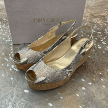 Load image into Gallery viewer, Metallic Snakeskin Cork Slingback Wedges
