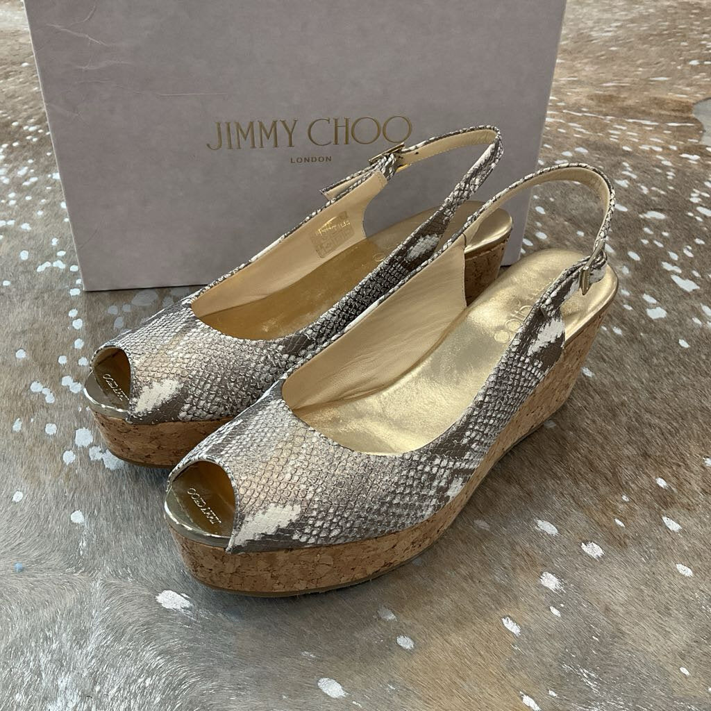 Metallic Snakeskin Cork Slingback Wedges