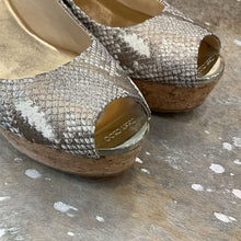 Load image into Gallery viewer, Metallic Snakeskin Cork Slingback Wedges
