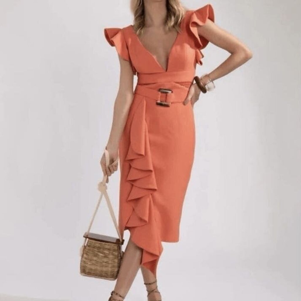 Belted Ruffle Sleeve Dress