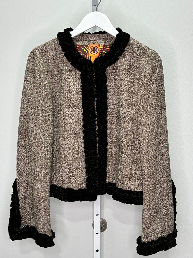 Tweed Velvet Trim Collarless Jacket