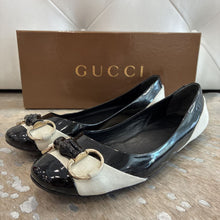 Load image into Gallery viewer, Patent Leather and Suede Bamboo Horsebit Ballet Flats
