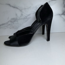 Load image into Gallery viewer, Black Velvet Satin Open Toe Stiletto Dorsay Sandals
